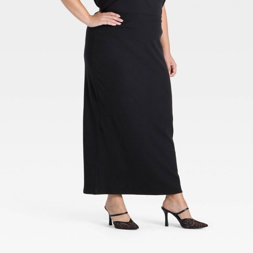 Women's High-Rise Brushed Ribbed Maxi Skirt - A New Day Black XXL